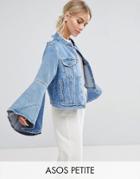Asos Petite Denim Jacket With Rips And Fluted Sleeve - Blue