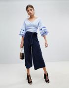 Boohoo Pinstripe Tie Waist Culottes - Navy