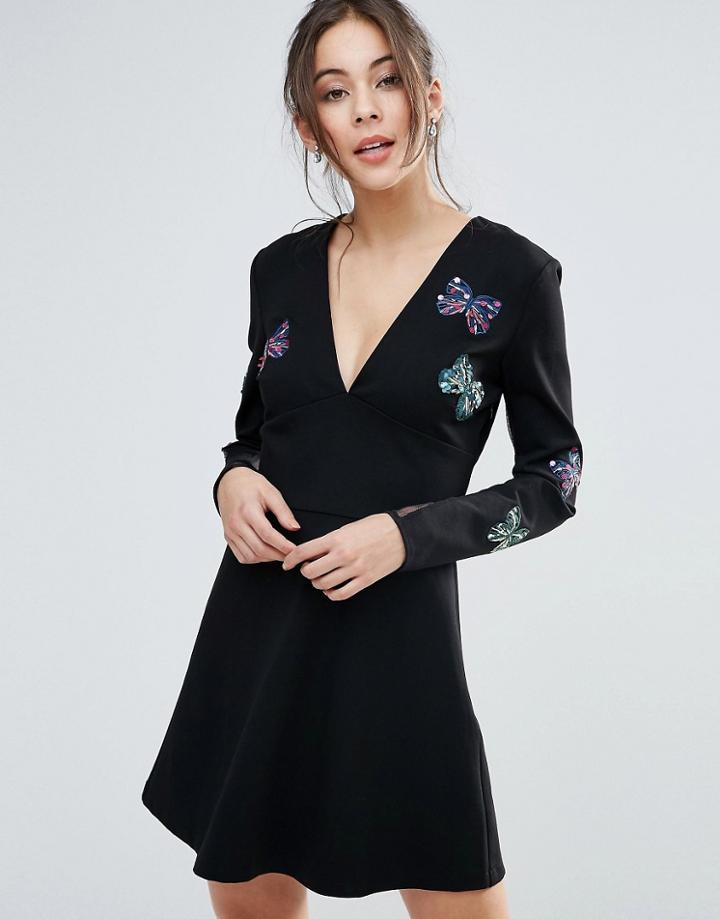 Little White Lies Butterfly Embroidered Skater Dress - Black