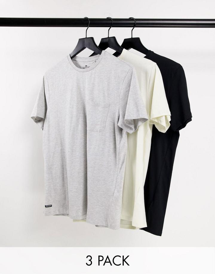 Threadbare 3 Pack Pocket T-shirt In Black Light Gray & Cream-grey