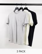 Threadbare 3 Pack Pocket T-shirt In Black Light Gray & Cream-grey
