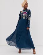 Asos Design Embroidered Pleated Maxi Dress With Fluted Sleeve In Navy