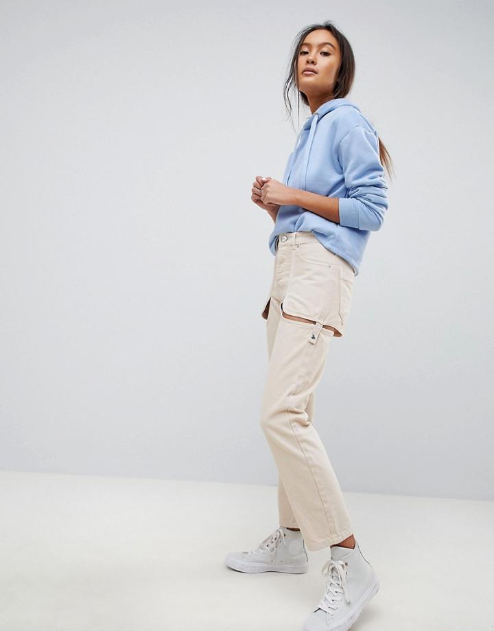 Asos Design Florence Authentic Straight Leg Jeans In Bone White With Cheeky Thigh Cut Out - White
