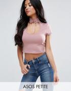 Asos Petite Crop Top With Lace Up Choker Detail - Pink
