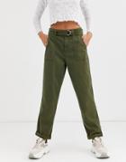 Miss Selfridge Utility Pants With Belt In Khaki-green