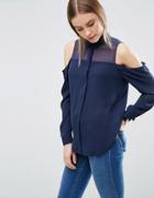 Asos Cold Shoulder Blouse With Sheer Panel - Navy