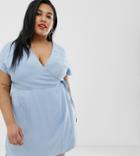 Asos Design Curve Denim Wrap Dress In Lightwash Blue