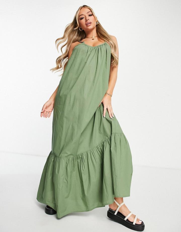 Asos Design Drop Hem Cami Maxi Beach Dress In Khaki-green