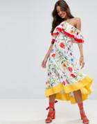 Asos Cold Shoulder Midi Dress In Cultura Floral Print - Multi