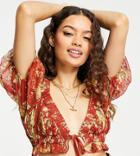 Asos Design Petite Jacquard Chiffon Top With Satin Tie Detail In Floral Print - Part Of A Set-multi