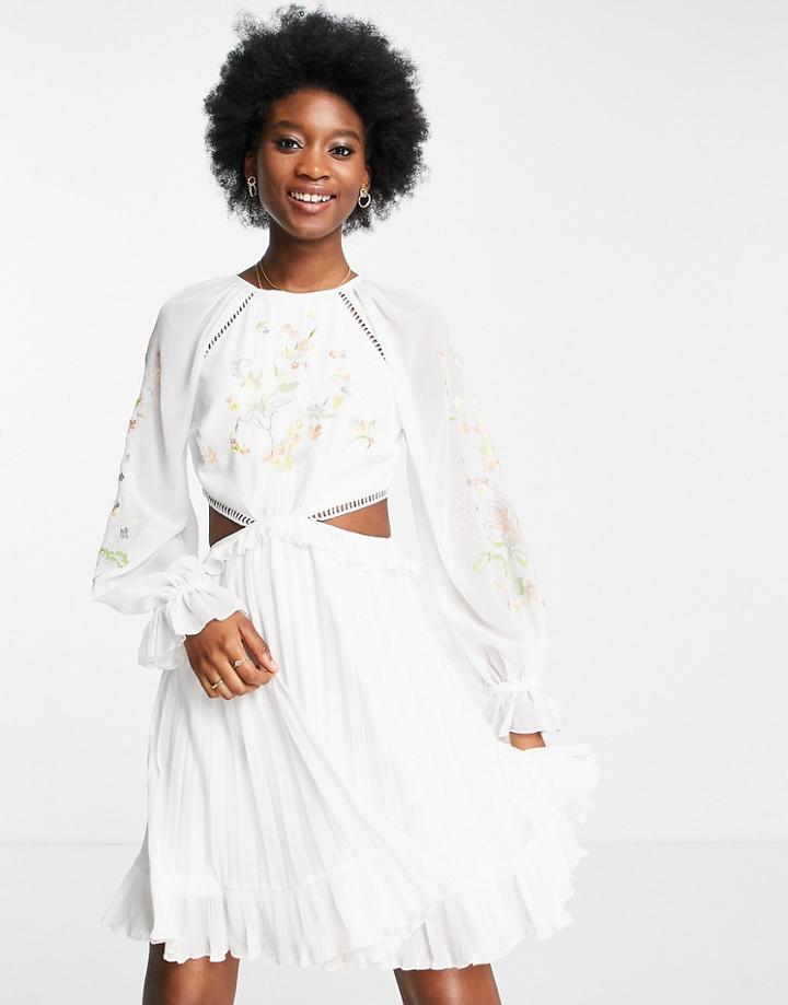 Asos Design Soft Cut Out Side Pleated Mini Dress With Embroidery In White