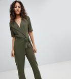 Asos Design Tall Wrap Jumpsuit With Self Belt - Green
