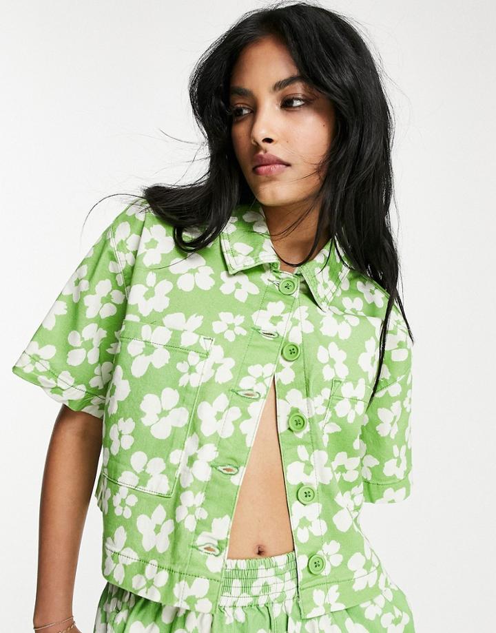 Topshop Cropped Floral Printed Short Sleeve Shirt In Green - Part Of A Set-blue
