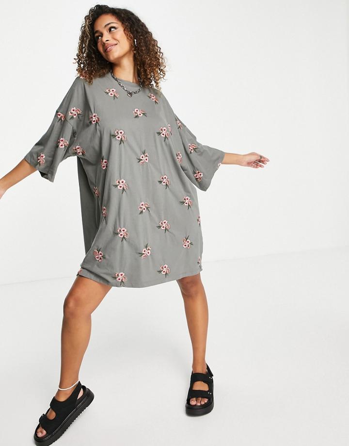 Asos Design Oversized T-shirt Dress With Floral Embroidery All Over Design In Gray-grey