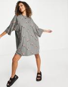 Asos Design Oversized T-shirt Dress With Floral Embroidery All Over Design In Gray-grey