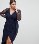 Little Mistress Plus Wrapover Pencil Dress With Embroidered Sleeve Detail - Navy