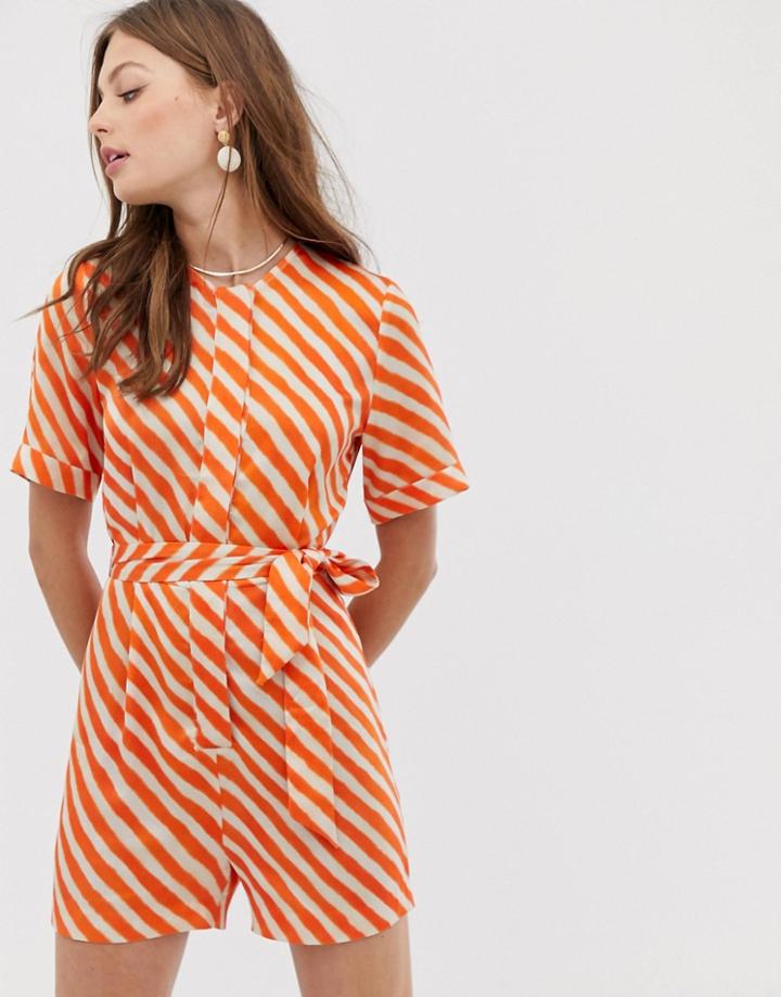 Mango Tie Waist Romper In Orange Stripe