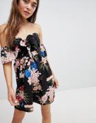 Parisian Off Shoulder Floral Print Skater Dress With Bow Tie - Black