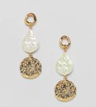 Asos Design Gold Plated Earrings With Faux Freshwater Pearl And Hammered Disc - Gold