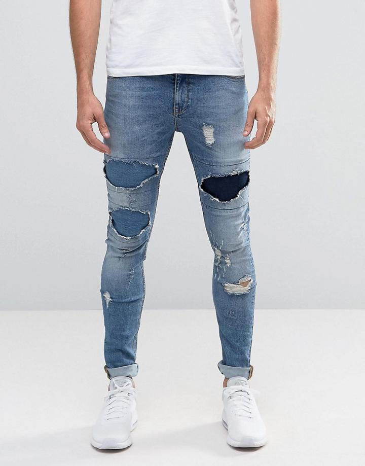 Asos Super Skinny Jeans With Rips In Mid Wash - Blue
