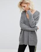 H.one Oversized V Neck Pocket Sweater - Gray