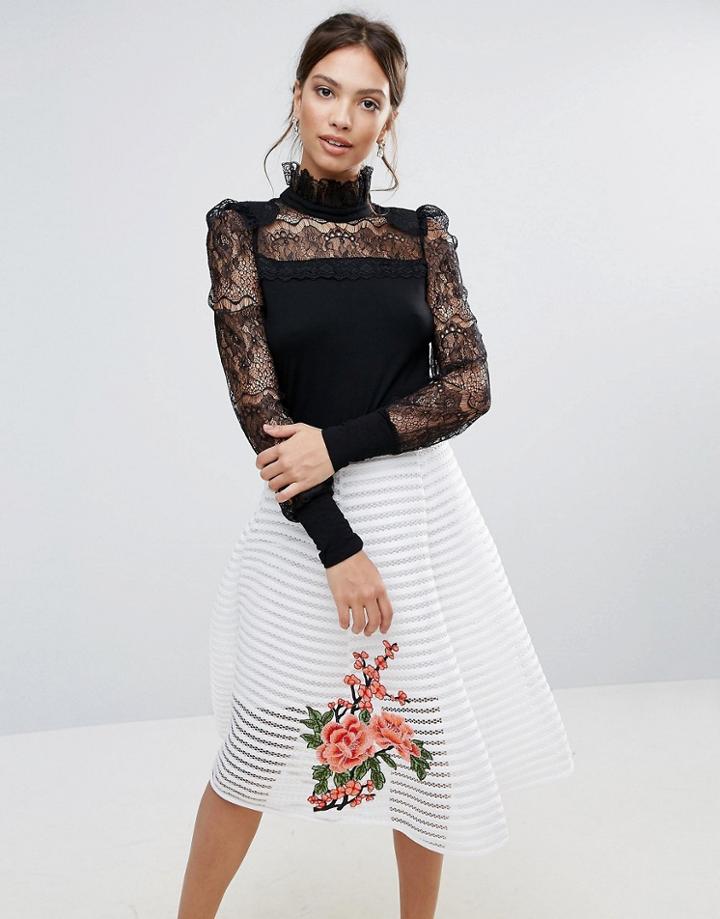 Amy Lynn Lace High Neck Flare Top - Black