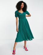Asos Design Ruched Front Pleated Midi Dress With Shirred Waist In Chevron Texture In Forest Green