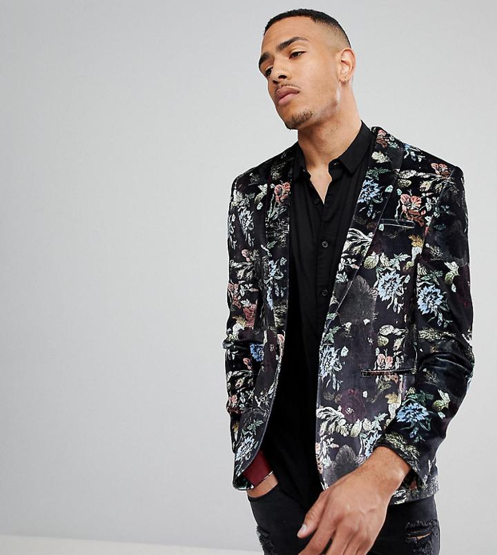 Asos Tall Super Skinny Blazer In Black Velvet Pastel Floral Print - Black