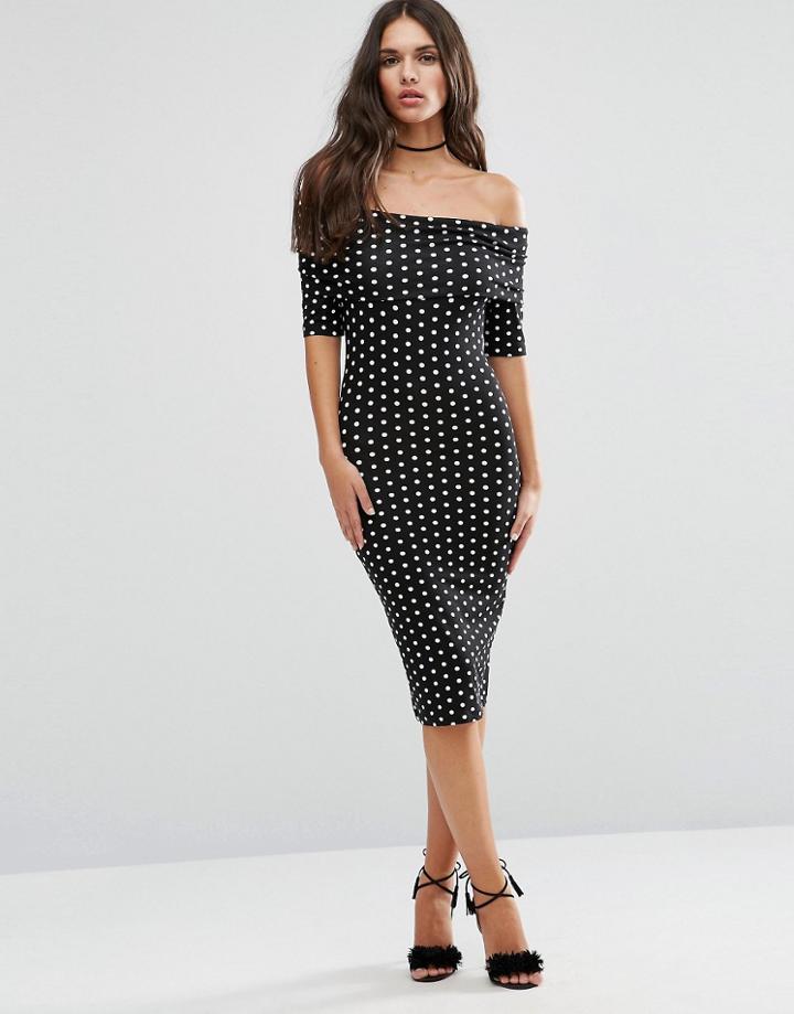 Asos Midi Bardot Off Shoulder Bodycon Dress With 3/4 Sleeve In Polka Dot - Multi