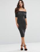 Asos Midi Bardot Off Shoulder Bodycon Dress With 3/4 Sleeve In Polka Dot - Multi