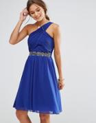 Little Mistress One Shoulder Skater Dress With Embellished Waist Line - Blue