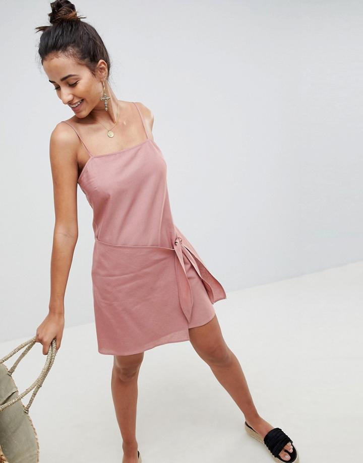 Asos Design Square Neck Wrap Front Mini Sundress - Pink