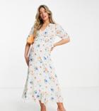 Twisted Wunder Maternity Puff Sleeve Midi Dress In Spot Floral-multi