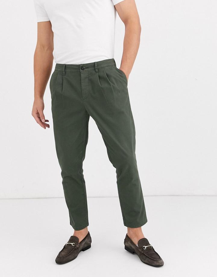 Asos Design Cigarette Chinos With Pleats In Washed Khaki-green