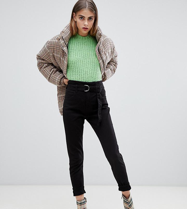 Bershka High Waist Tie Detal Mom Pants In Black