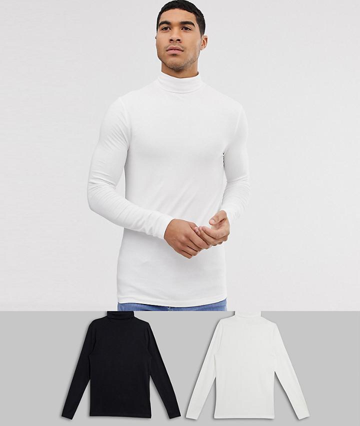 Asos Design Organic Muscle Fit Long Sleeve Roll Neck T-shirt With Stretch 2 Pack Multipack Saving - Multi