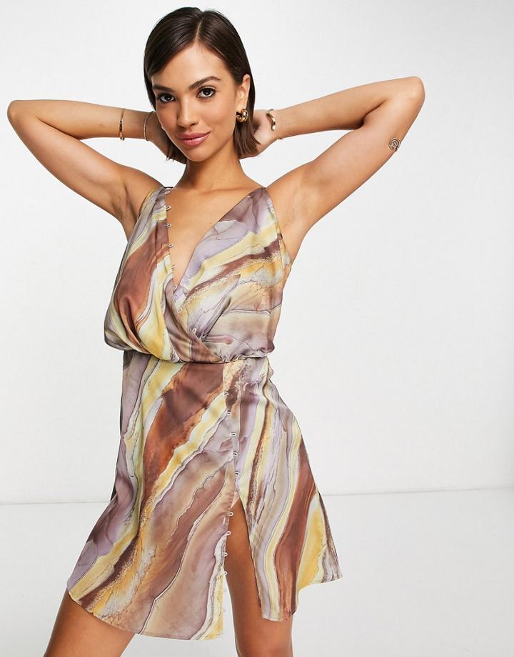 Asos Design Bias Cut Drape Cami Mini Dress With Button Detail In Abstract Stripe-multi