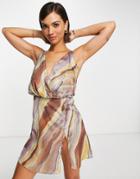 Asos Design Bias Cut Drape Cami Mini Dress With Button Detail In Abstract Stripe-multi