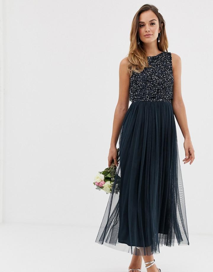 Maya Bridesmaid Sleeveless Midaxi Tulle Dress With Tonal Delicate Sequin Overlay In Navy - Navy