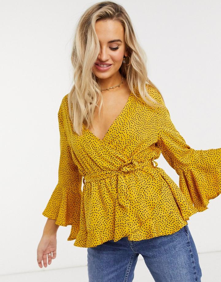 Influence Wrap Polka Dot Top In Mustard-yellow