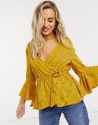 Influence Wrap Polka Dot Top In Mustard-yellow