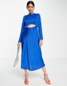 Asos Design Satin Midi Dress With Cowl Back And Tie In Cobalt-blue