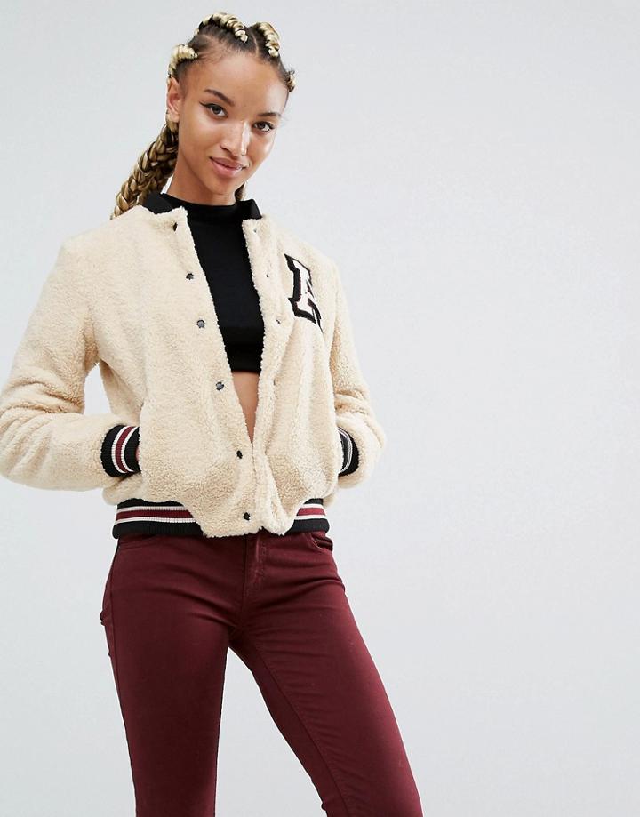 Pull & Bear Varsity Jacket In Teddy Fur In Cream - Cream
