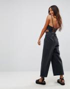 Asos Denim Jumpsuit With Lace Up Back In Washed Black - Black