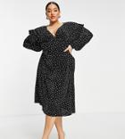 Asos Design Curve Plisse V Neck Midi Dress In Mono Spot Print-multi