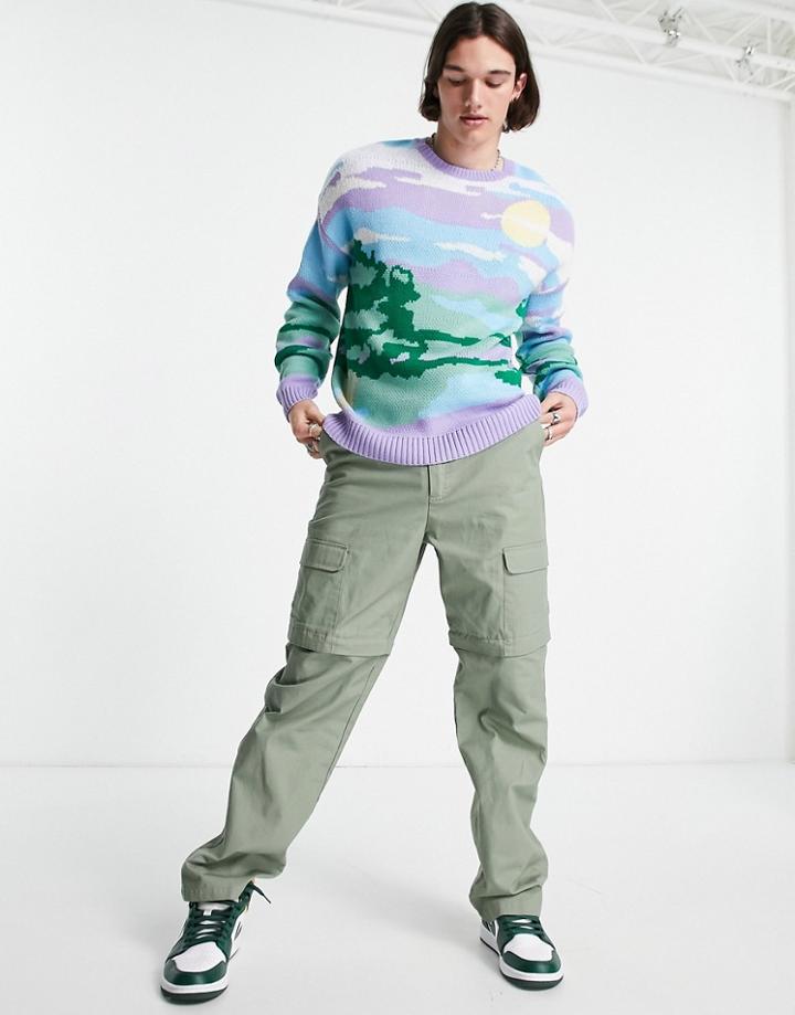 Asos Design Knitted Sweater With Landscape Jacquard-multi