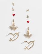 Asos Design Valentines Pack Of 5 Earrings In Designs In Gold Tone