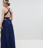 Tfnc Petite Pleated Maxi Bridesmaid Dress With Cross Back And Bow Detail - Navy
