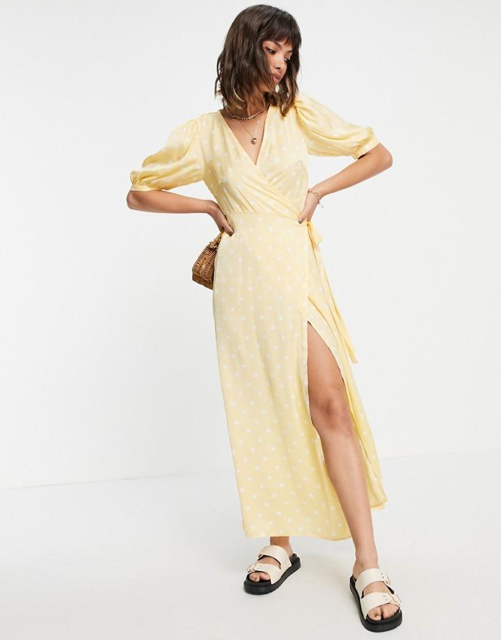Vila Midi Wrap Dress In Yellow With White Polka Dot-multi