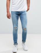 Pull & Bear Super Skinny Jeans With Knee Rips In Mid Wash - Blue